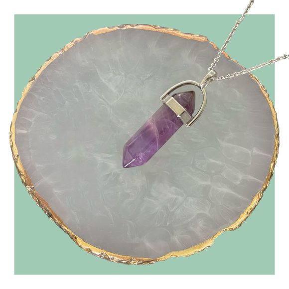Purple Gemstone Pendant Necklace with Silver Plated Cable Chain Layering Jewelry - Picture 1 of 7